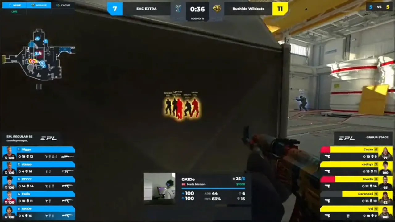 Live esports (CS2) match streaming inside the 1xBet app, with the live score shown on screen